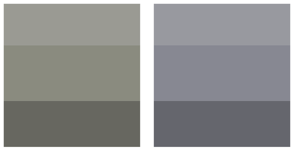 Two color swatches, one blue-ish gray, the other orange-ish gray, each with three strips of varying darkness